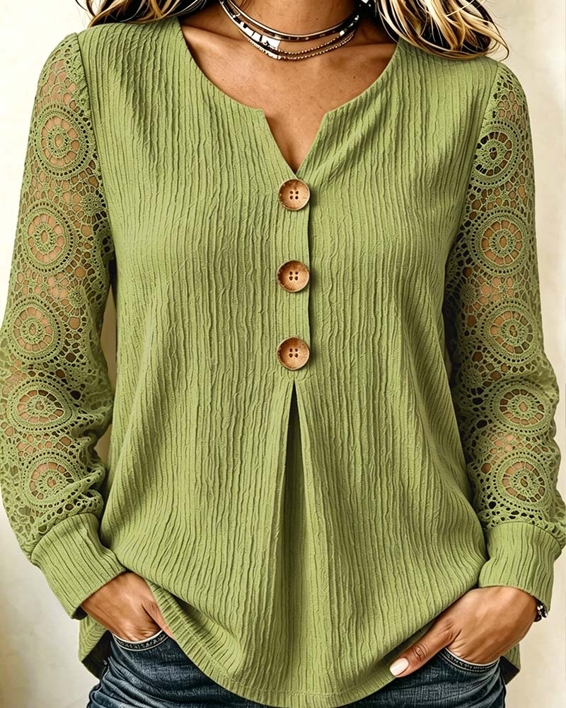 V-Neck Button-Down Long-Sleeved Blouse