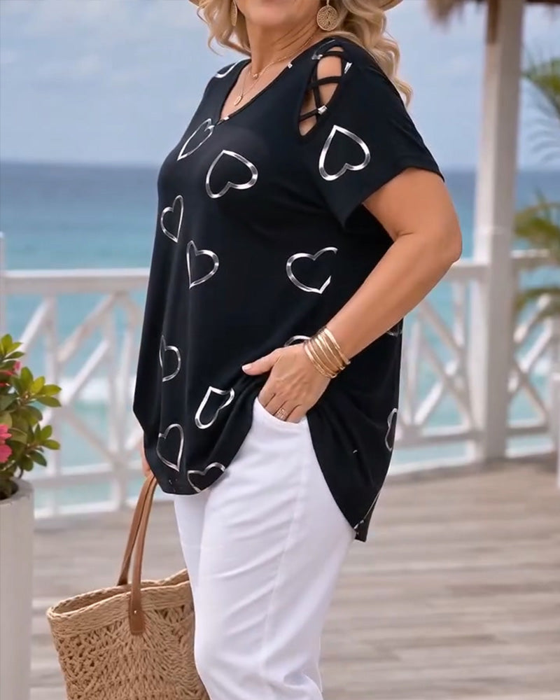 Heart Pattern Hollow Short-Sleeved T-Shirt