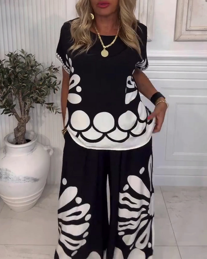 Temperament Printed Pocket Wide-Leg Pants Suit