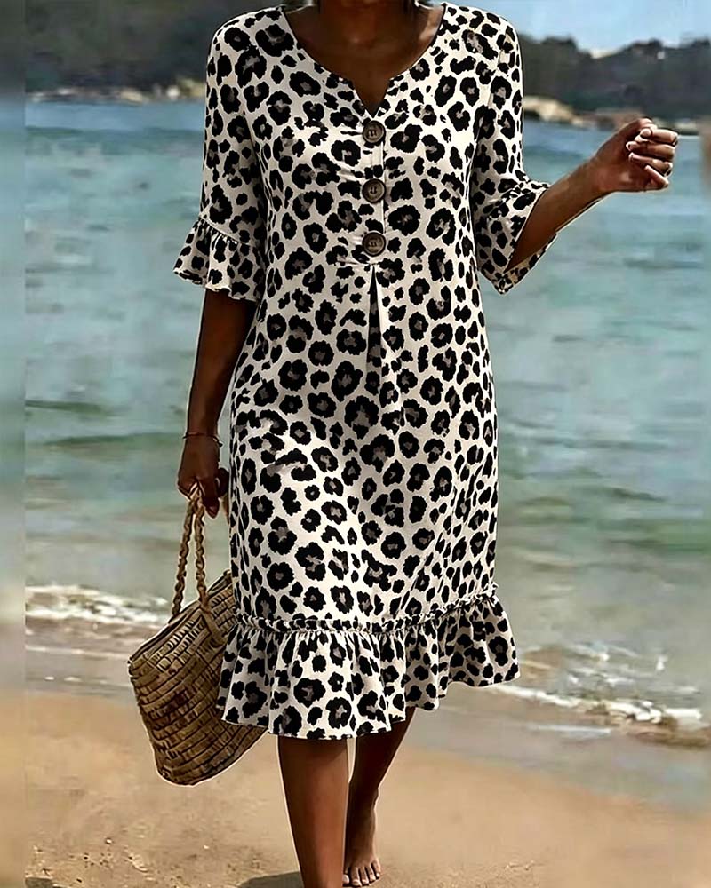 Leopard Print V-Neck Ruffled Dress