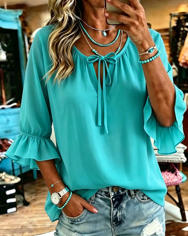 Solid Color Ruffled Sleeve Lace-Up Blouse