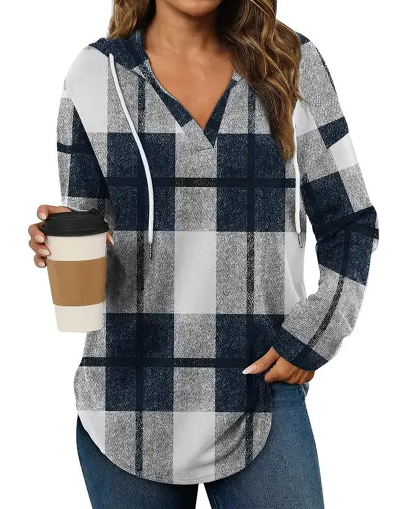 Plaid Hooded Drawstring Blouse