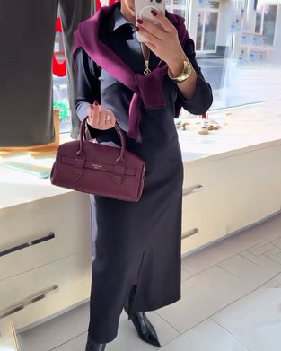 Lapel Slit Zipper Long-Sleeve Dress