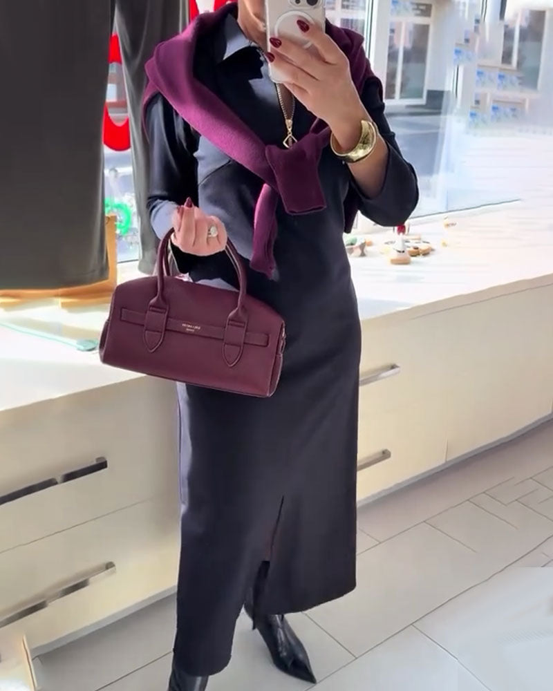 Lapel Slit Zipper Long-Sleeve Dress
