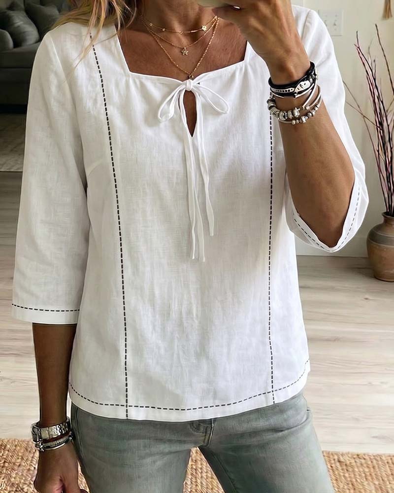 Square Neck Tie Hollow Out Blouse