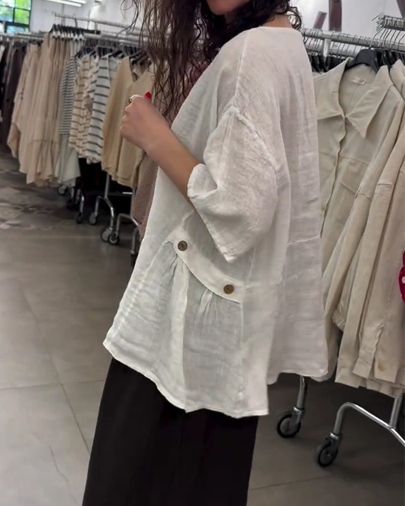 Crewneck Side Button Loose Fit Blouse