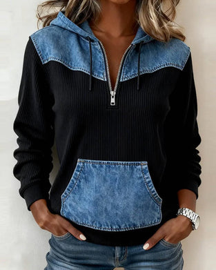 Half-Zip Hooded Patchwork Colorblock Sweatshirt
