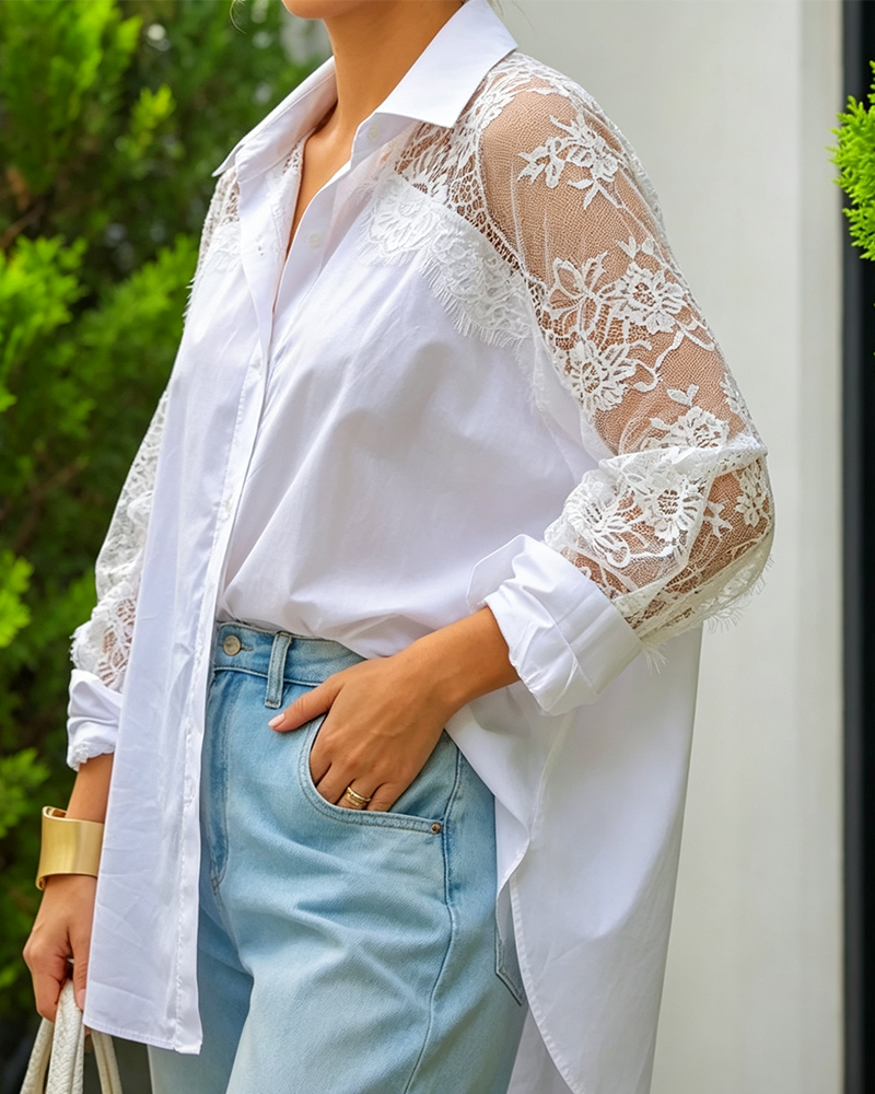 Lace Patchwork Lapel Long Sleeve Blouse