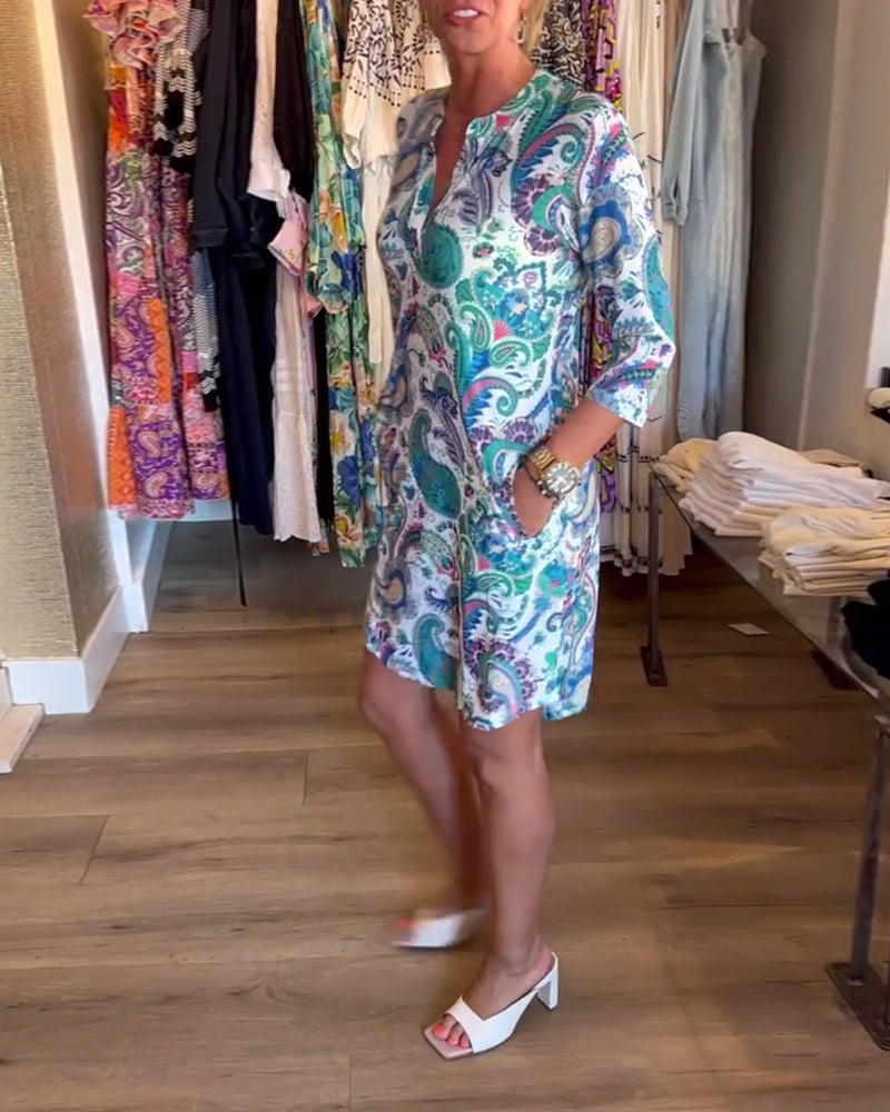 Paisley print v neck pocket dress