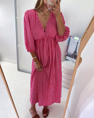 V-neck Lantern Sleeve Striped Dress