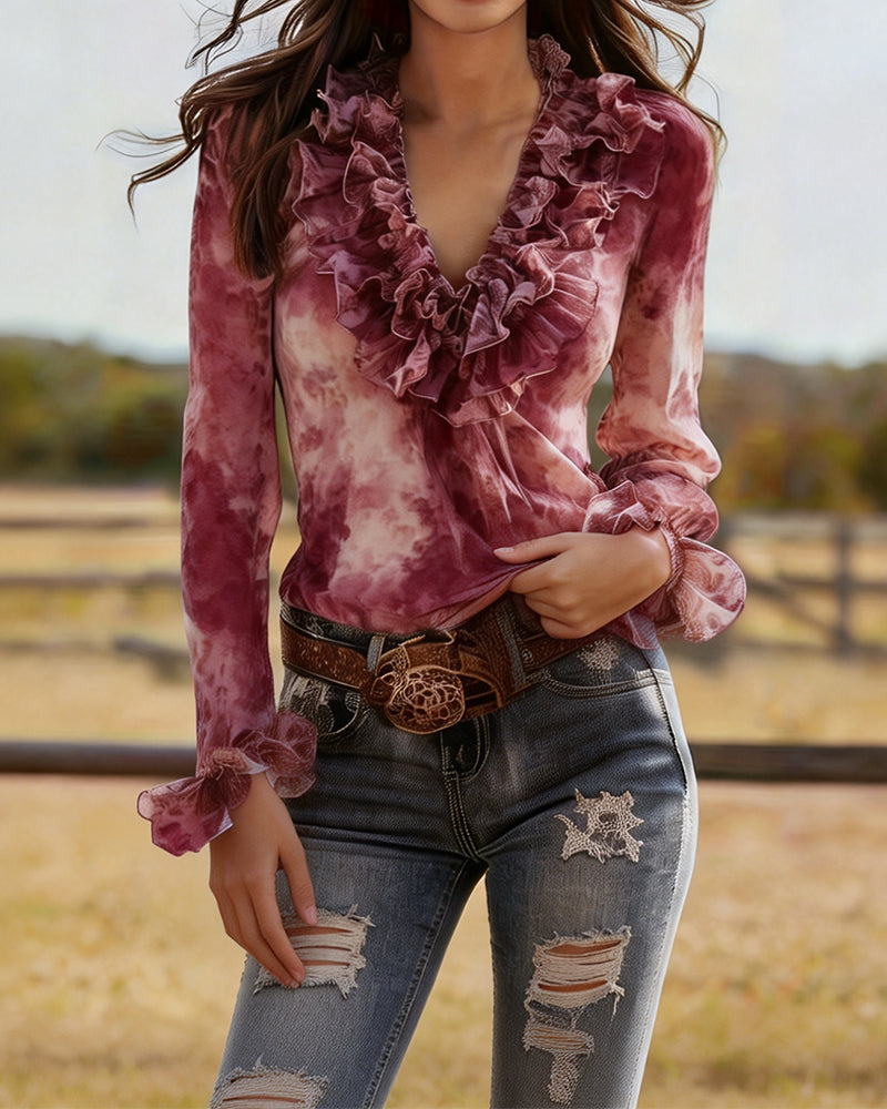 Tie-Dye Ruffled Lace Blouse