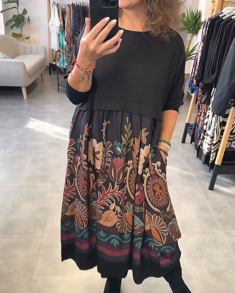 Floral Crew Neck Patchwork Flared Dress