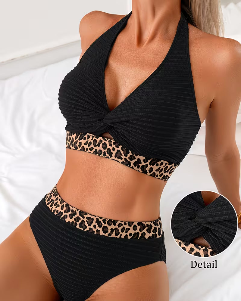 Ribbed Leopard Color Block Bikini