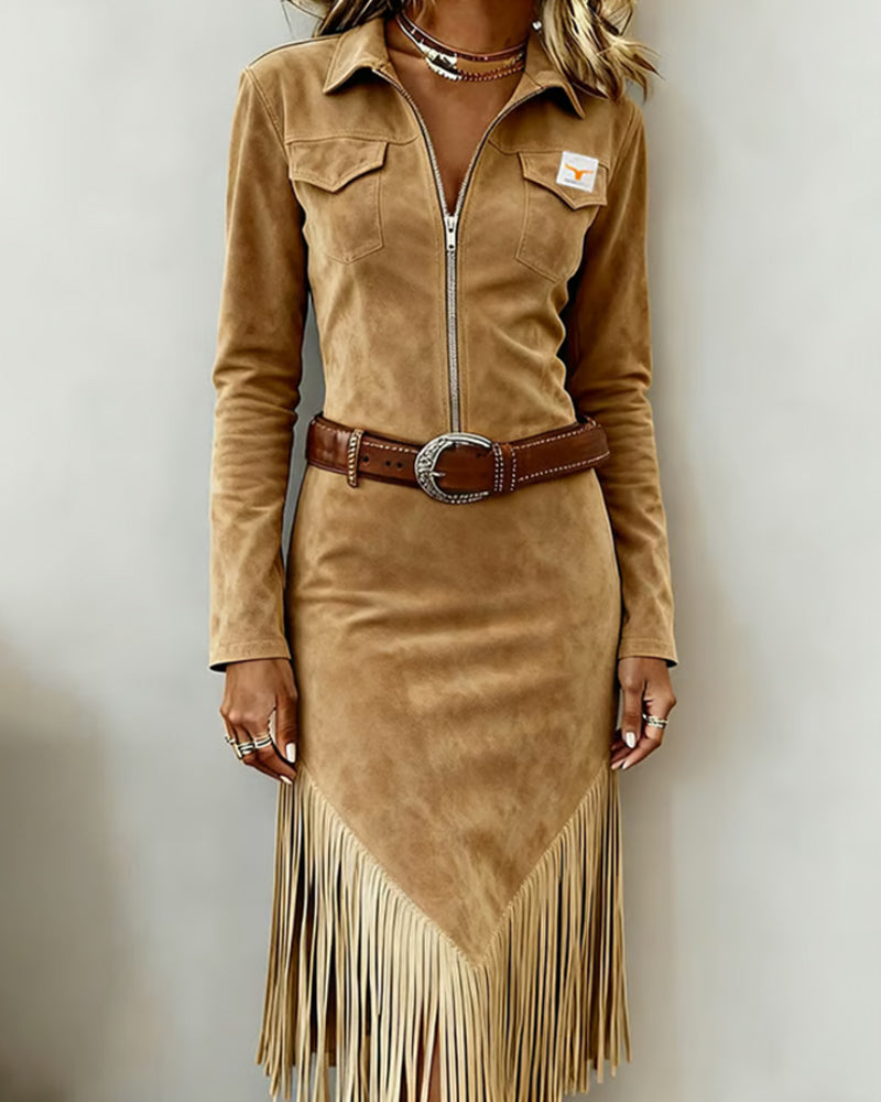 Half-Zip Tassel Solid Color Dress