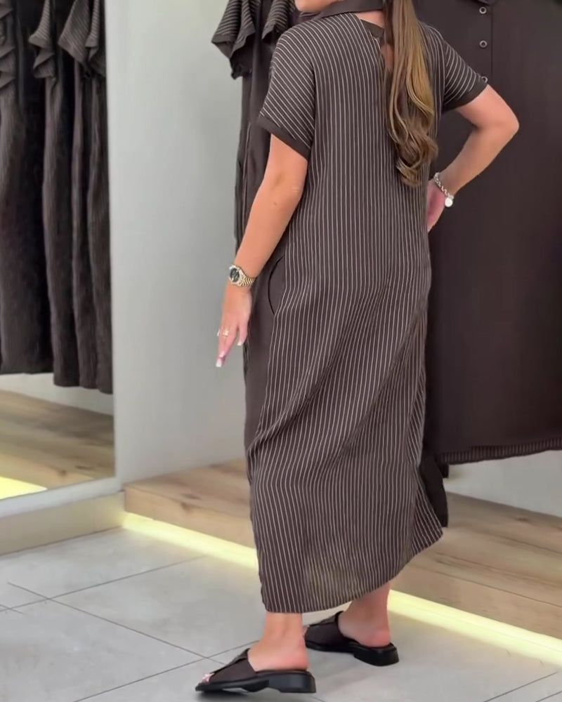V-Neck Lapel Stripe Cutout Dress