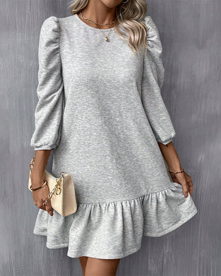 Solid Color Puff Sleeve Dress