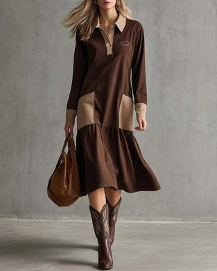 Long Sleeve Lapel Contrast Dress