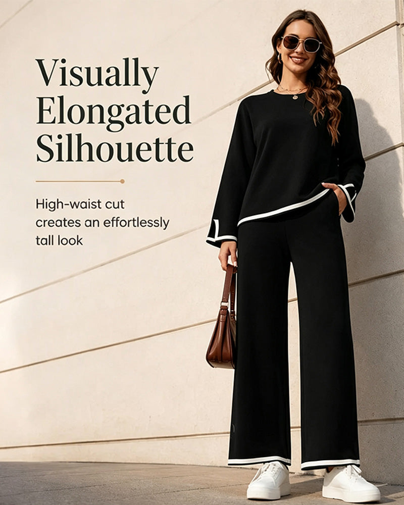 Contrast Color Round Neck Long Sleeve Set