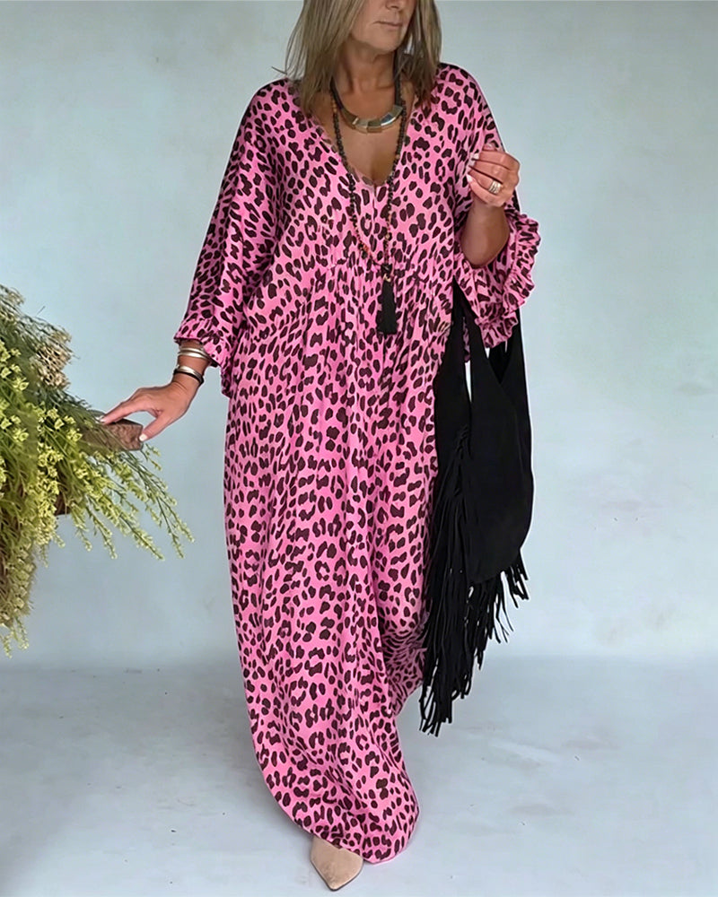 V-Neck Leopard Print Loose Fit Casual Dress