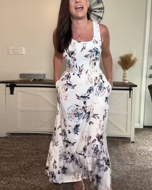 Ink-Wash Floral Sleeveless Long Dress