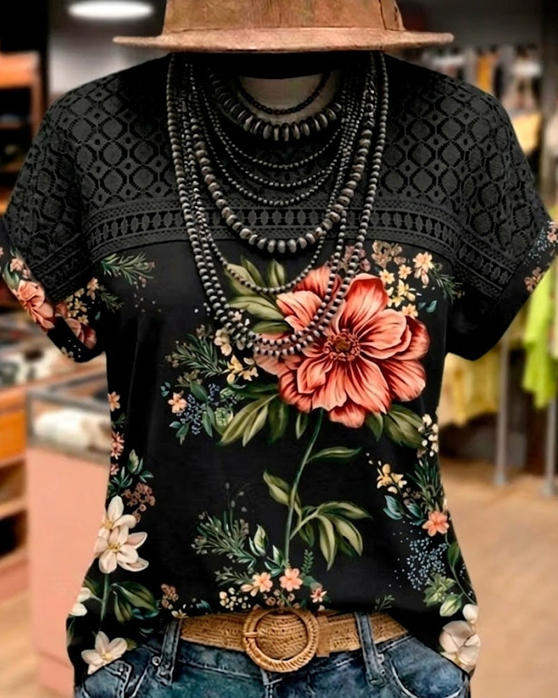 Cut-Out Patchwork Short-Sleeve T-Shirt