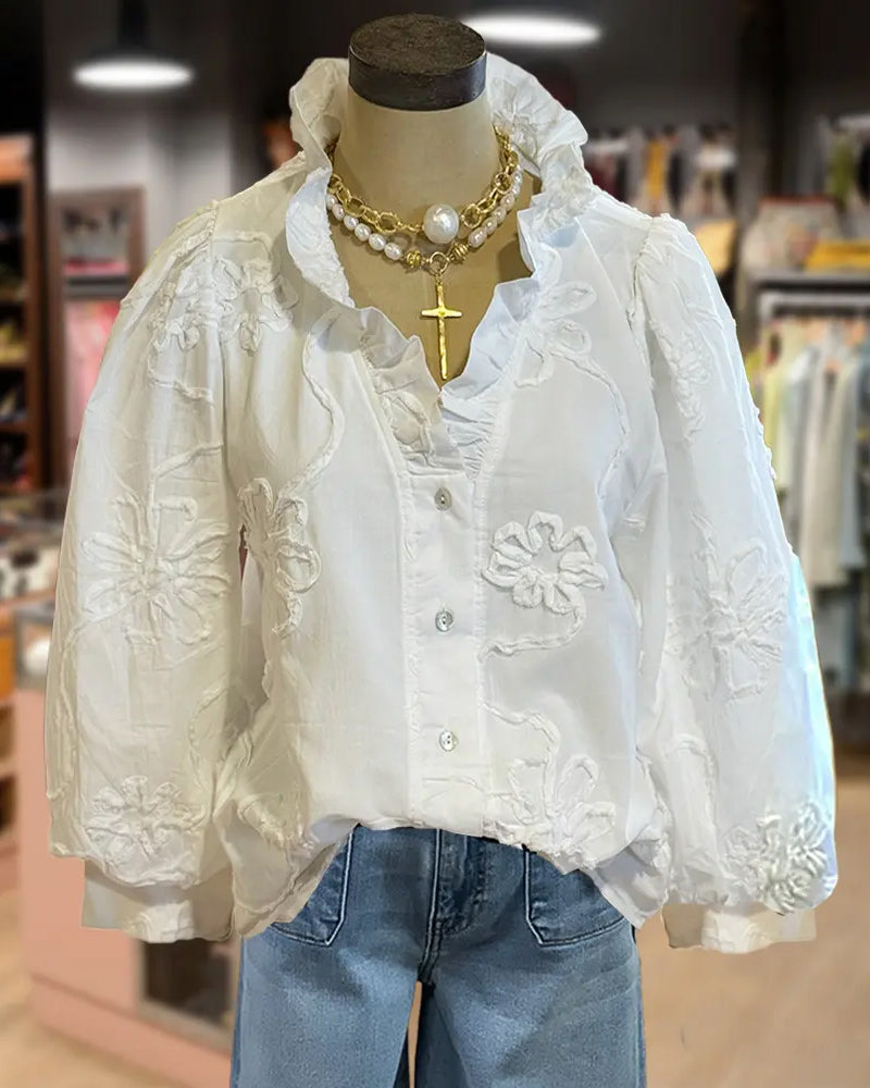 3D Solid Floral Ruffle Blouse