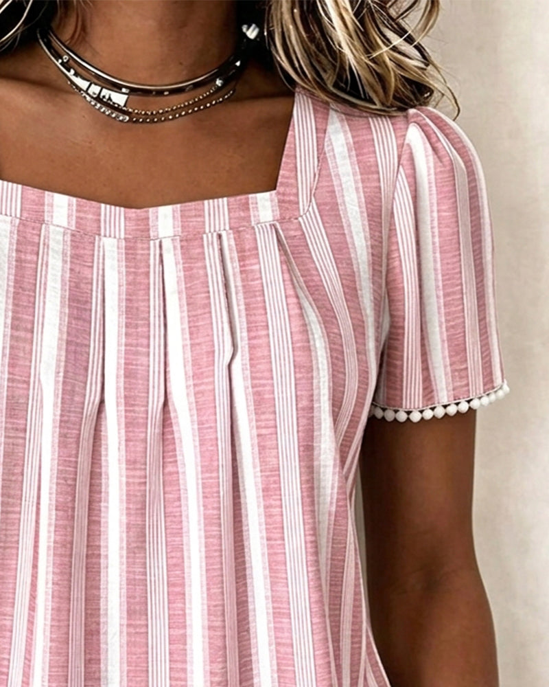 Striped Square-Neck Short-Sleeve Blouse