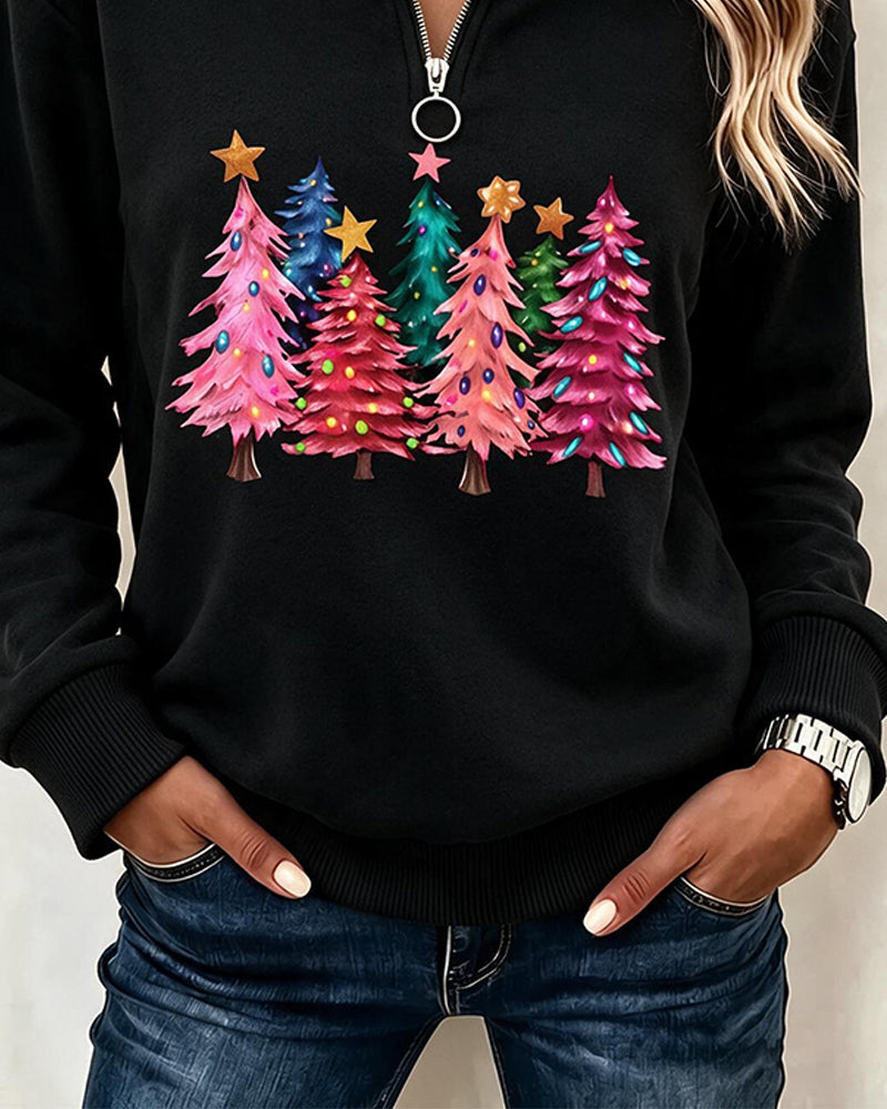 Half-Zip Christmas Tree Print Sweatshirt