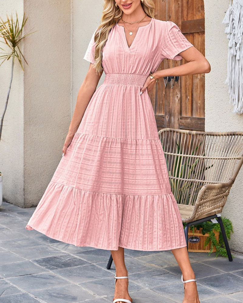 V-Neck Shirred Puff Sleeve Short Sleeve Dress