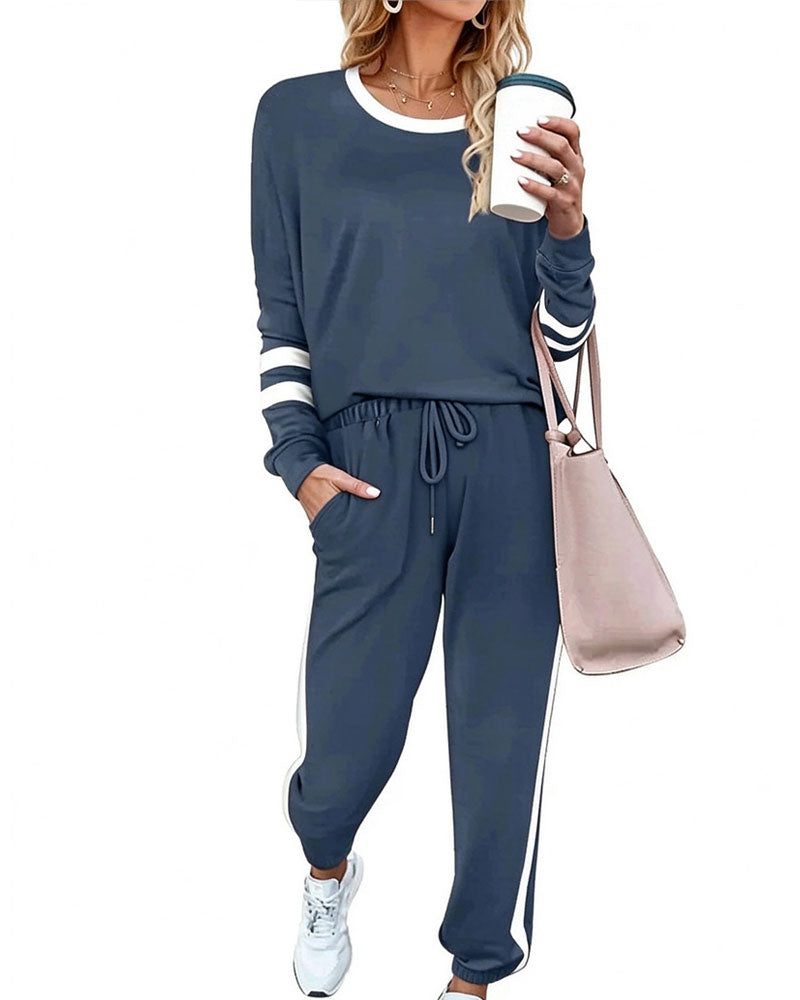 Round Neck Long Sleeve Top Jogger Pants Set