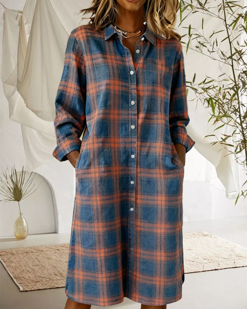 Lapel Casual Long Sleeve Plaid Dresses