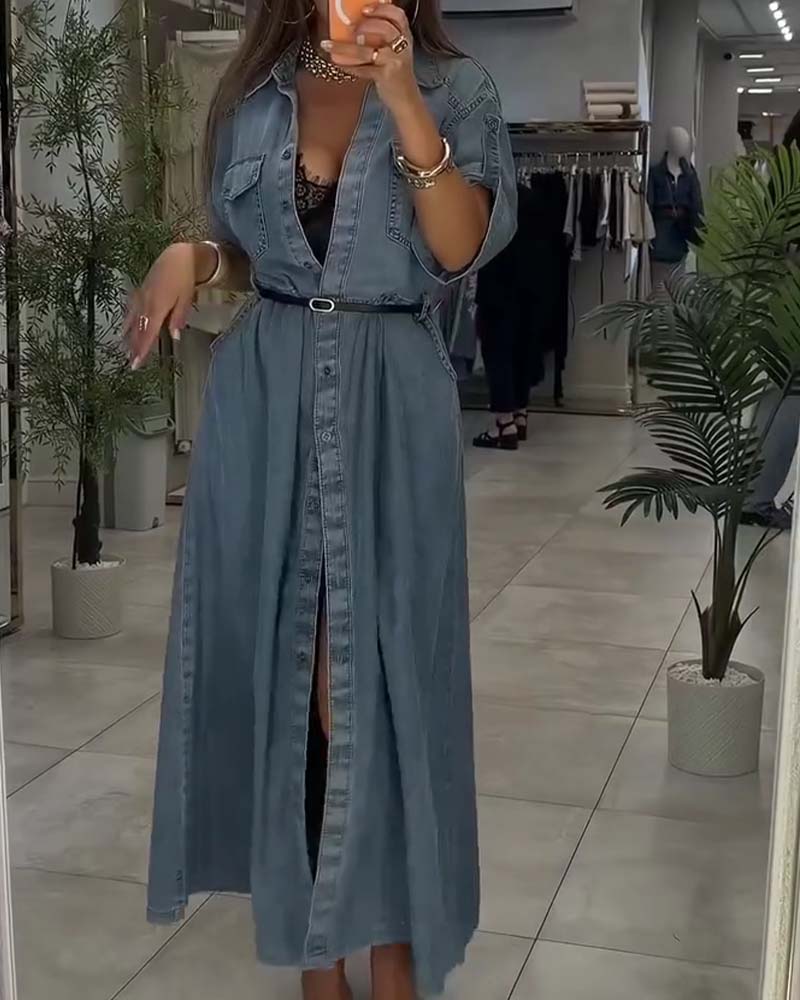 Shirt Collar Pocket Button Denim Dress