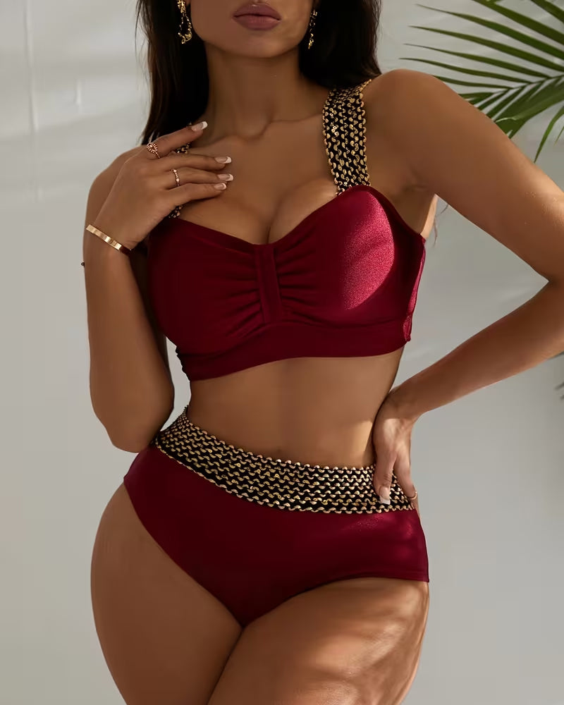 Solid Color Patchwork Suspender Bikini