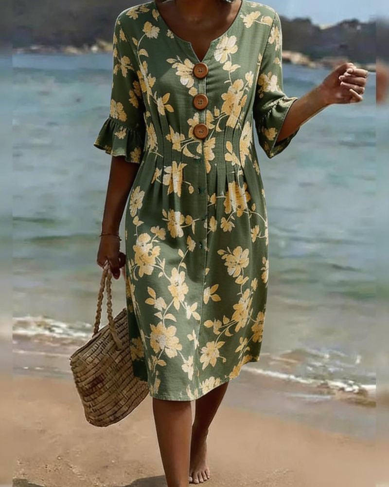 V-Neck Button-Down Floral Dress