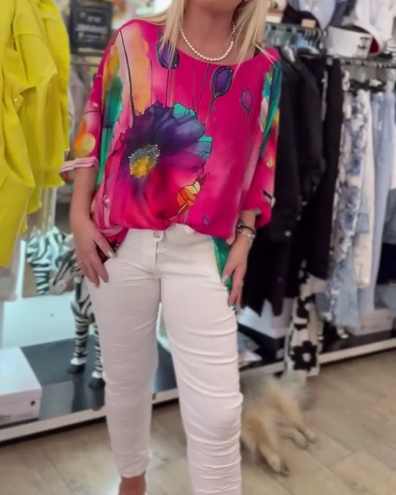 Batwing Sleeve Half Sleeve Print Blouse