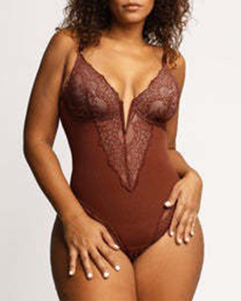 Deep-V Neck Lace Shapewear Bodysuit