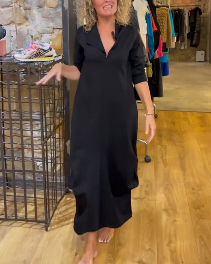 V-Neck Solid Color A-Line Dress