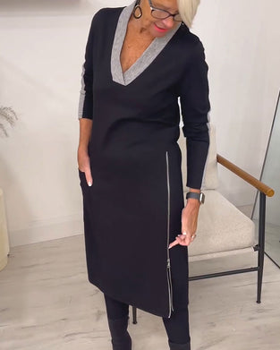 Color Block V-Neck Knit Midi Dress