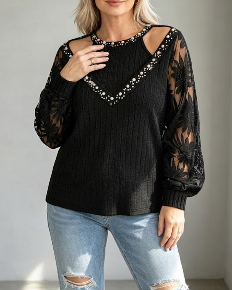 Pearl Hollow Lace Ribbed T-Shirt