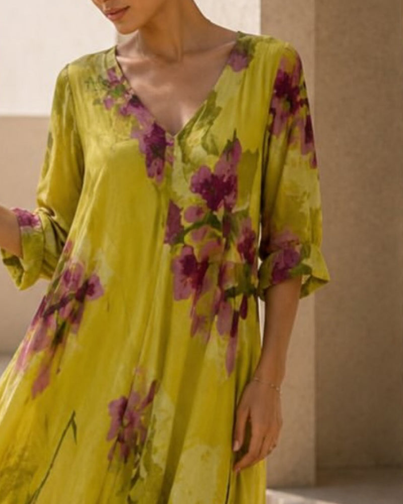 Ink Wash Floral V-Neck Dresses