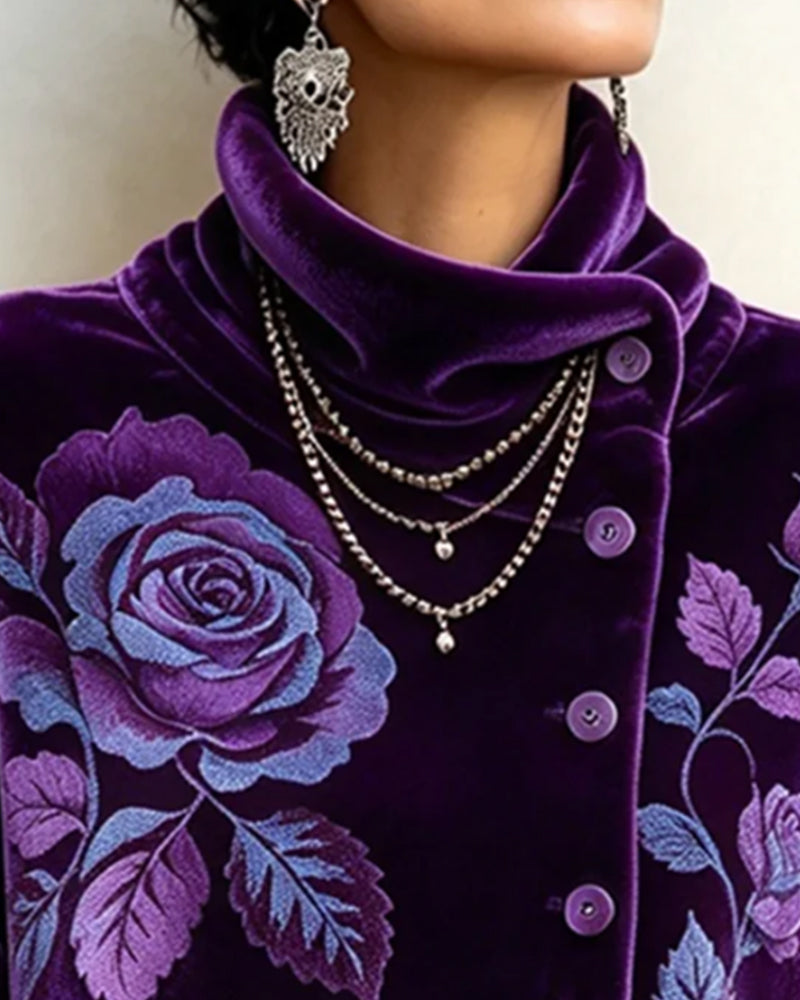 Rose Print Button Irregular Top