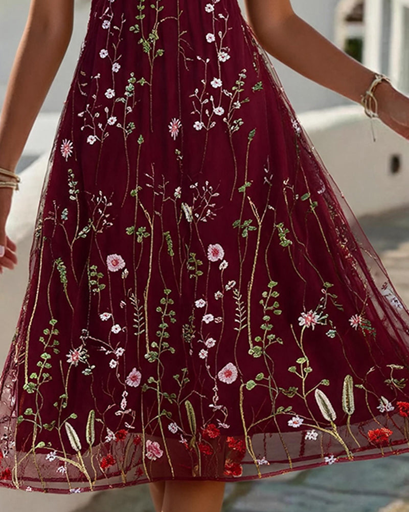 Sheer Floral Full Skirt Dress