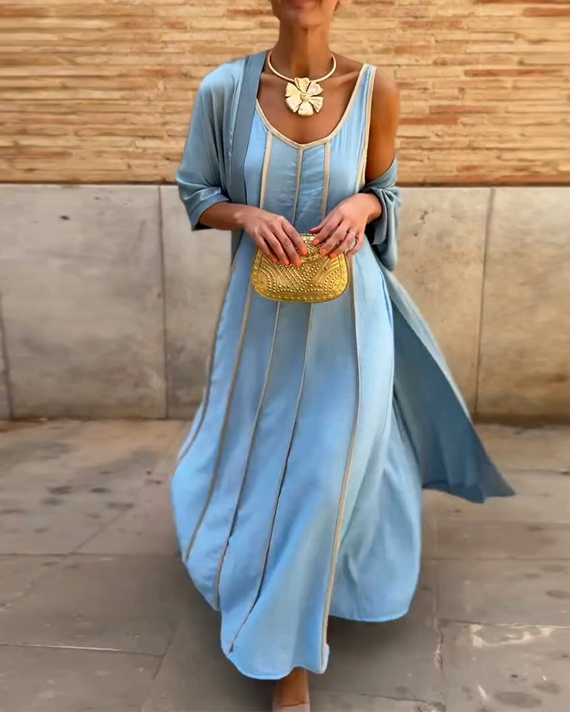 Printed Round Neck Long Dress Casual Top Two Piece Set