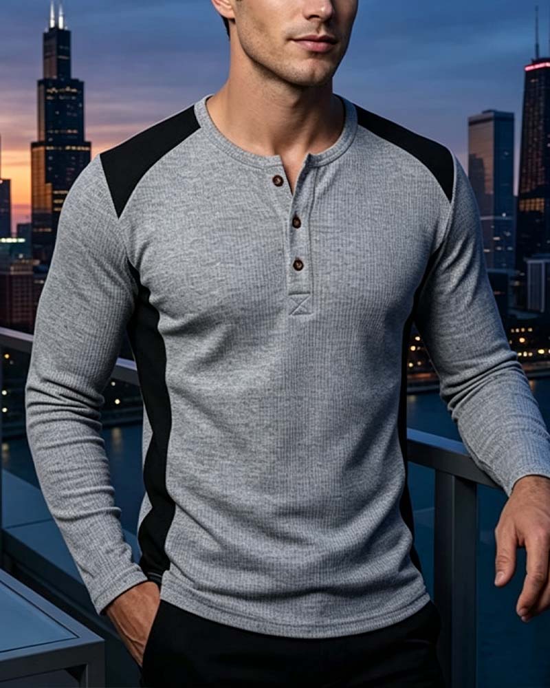 Two-Tone Crewneck Buttoned Top