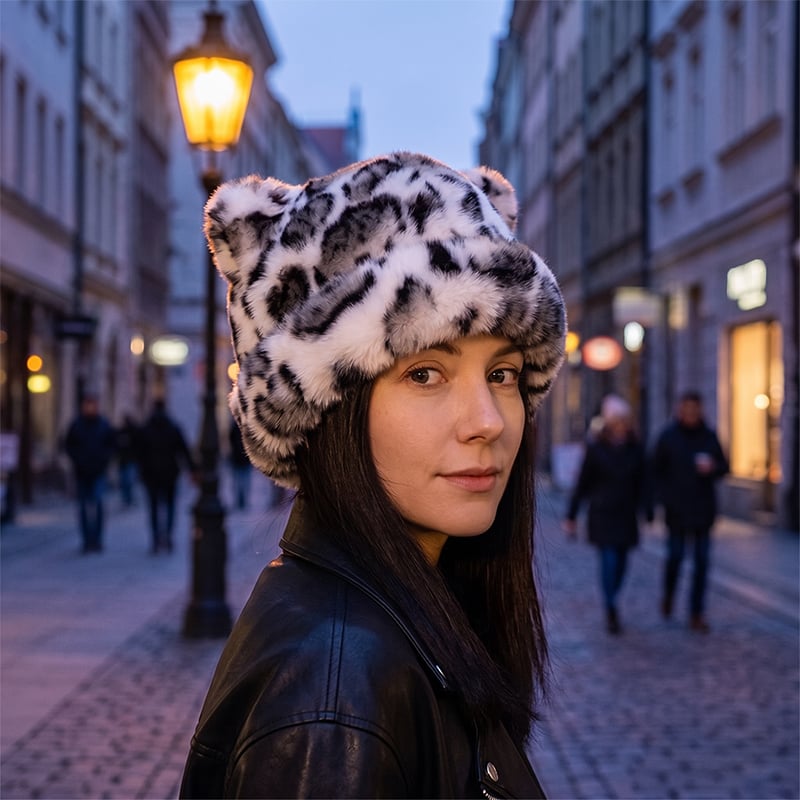 Leopard Print Plush Cat Ear Hat