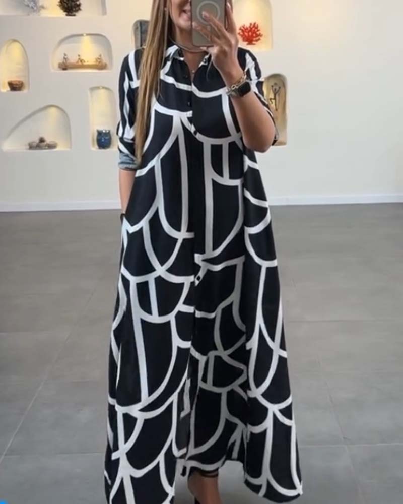 Contrast printed lapel long slit dress