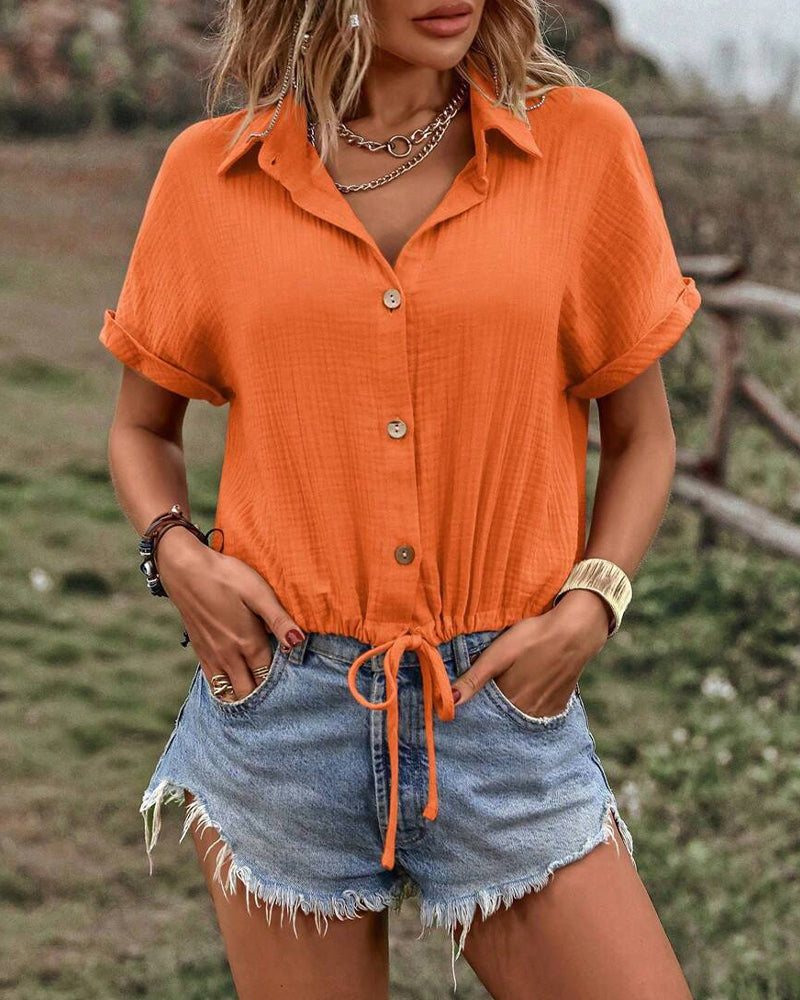 V-Neck Solid Drawstring Lapel Blouse