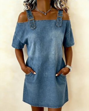 Off-The-Shoulder Buttoned Denim Dress