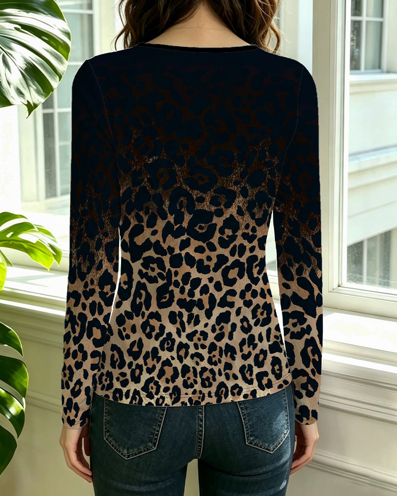 Hollow Round Neck Gradient Leopard Print Top