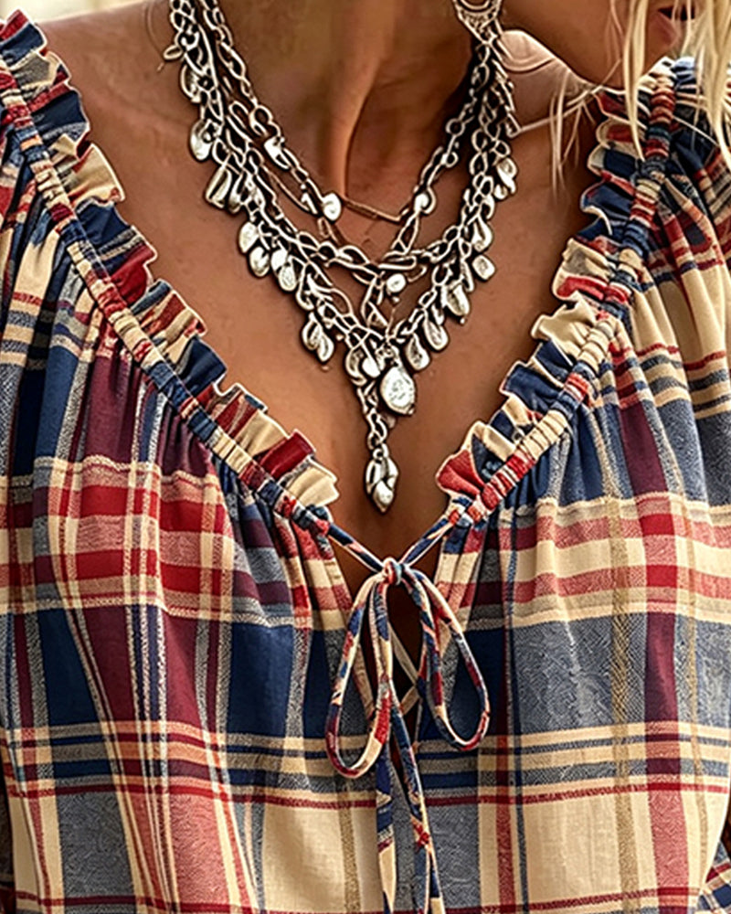 V-Neck Tie Plaid Blouse